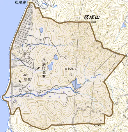 八浜町見石とその周辺の地図。町の範囲を重ねている