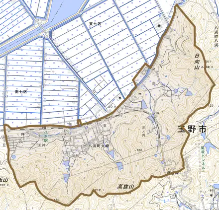 八浜町大崎とその周辺の地図。町の範囲を重ねている