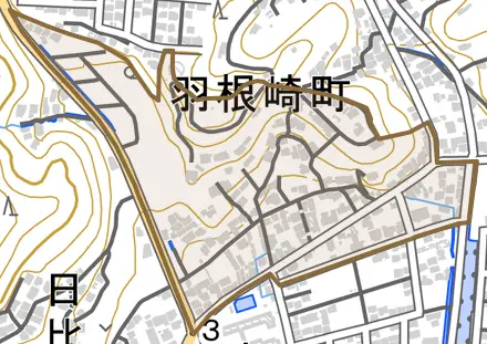 羽根崎町とその周辺の地図。町の範囲を重ねている