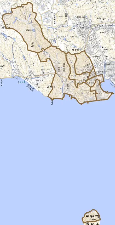 日比とその周辺の地図。町の範囲を重ねている