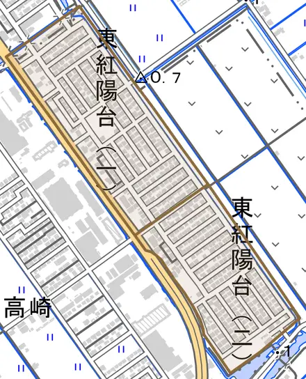 東紅陽台とその周辺の地図。町の範囲を重ねている