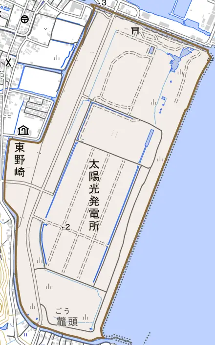 東野崎とその周辺の地図。町の範囲を重ねている