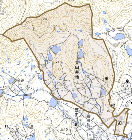 東田井地とその周辺の地図。町の範囲を重ねている
