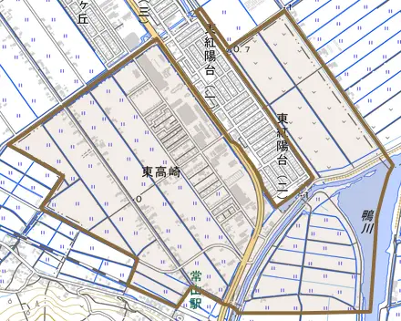 東高崎とその周辺の地図。町の範囲を重ねている