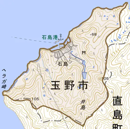 石島とその周辺の地図。町の範囲を重ねている