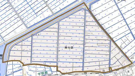 南七区とその周辺の地図。町の範囲を重ねている