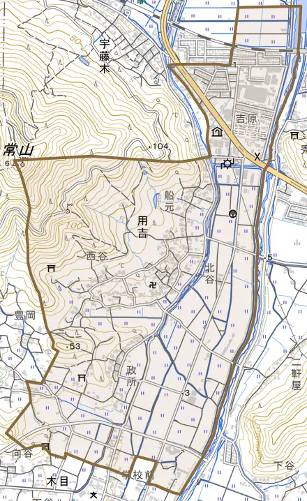 用吉とその周辺の地図。町の範囲を重ねている