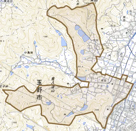 木目とその周辺の地図。町の範囲を重ねている