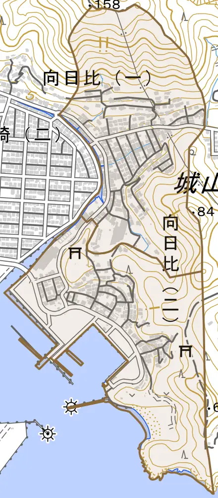 向日比とその周辺の地図。町の範囲を重ねている