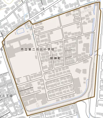明神町とその周辺の地図。町の範囲を重ねている