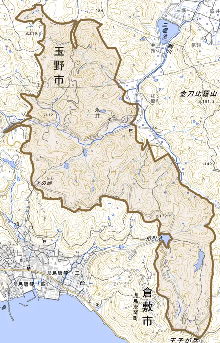 永井とその周辺の地図。町の範囲を重ねている