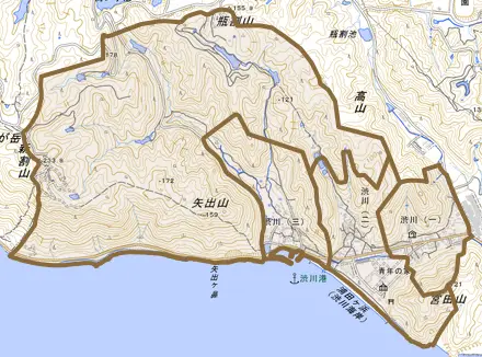 渋川とその周辺の地図。町の範囲を重ねている