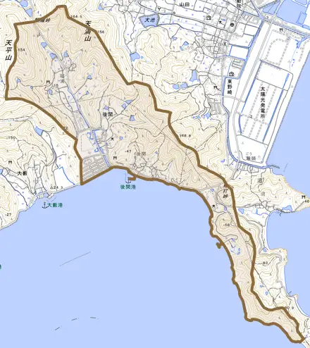 後閑とその周辺の地図。町の範囲を重ねている