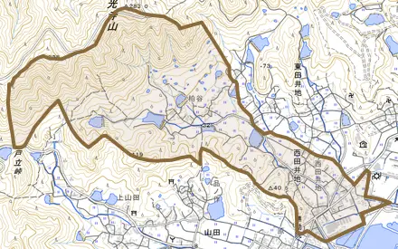 西田井地とその周辺の地図。町の範囲を重ねている