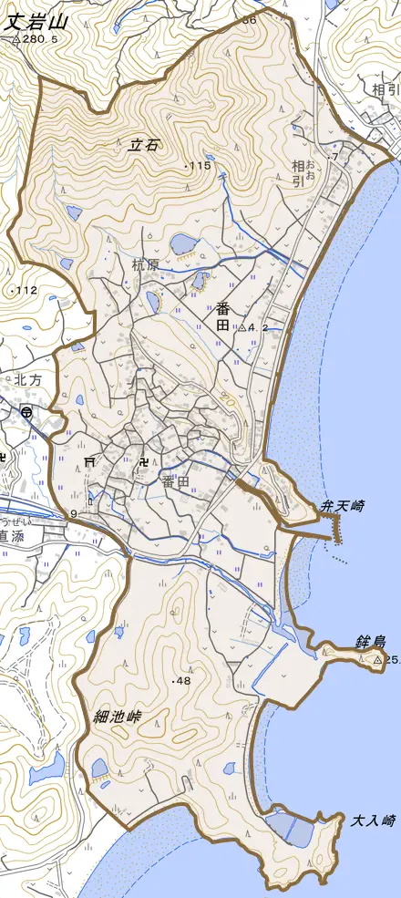 番田とその周辺の地図。町の範囲を重ねている