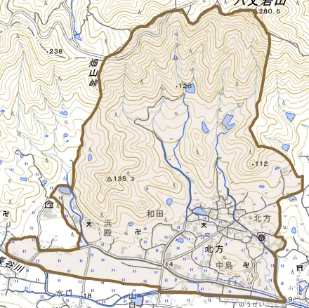 北方とその周辺の地図。町の範囲を重ねている