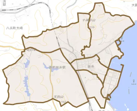 田井とその周辺の地図。町の範囲を重ねている