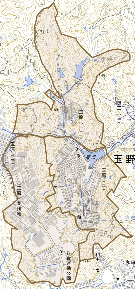 玉原とその周辺の地図。町の範囲を重ねている