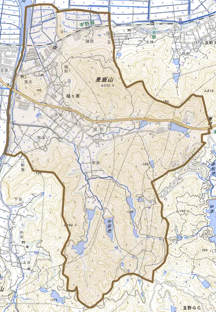 槌ケ原とその周辺の地図。町の範囲を重ねている