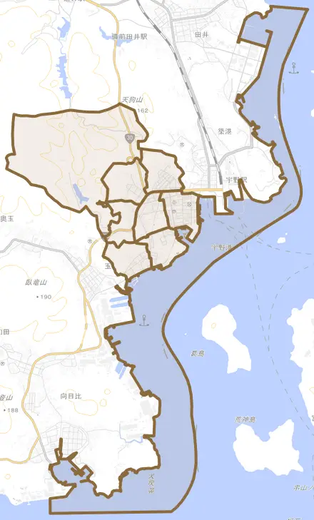 宇野とその周辺の地図。町の範囲を重ねている