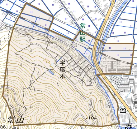 宇藤木とその周辺の地図。町の範囲を重ねている