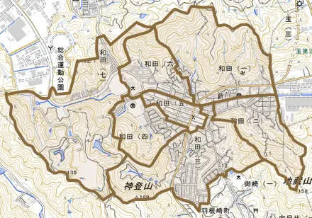 和田とその周辺の地図。町の範囲を重ねている