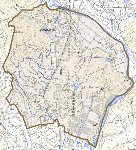 綾部とその周辺の地図。町の範囲を重ねている