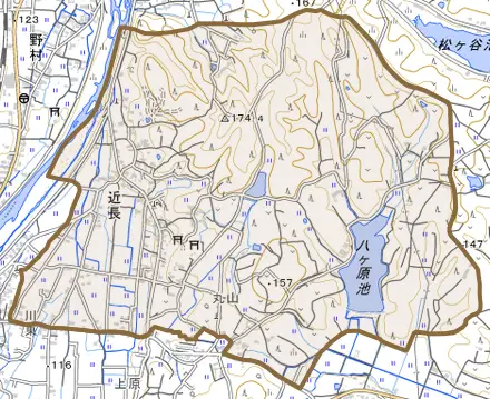 近長とその周辺の地図。町の範囲を重ねている