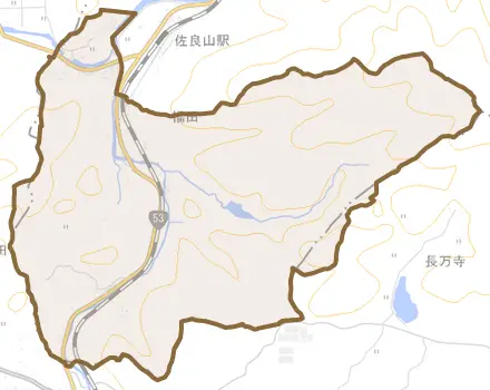 福田とその周辺の地図。町の範囲を重ねている