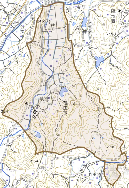 福田下とその周辺の地図。町の範囲を重ねている