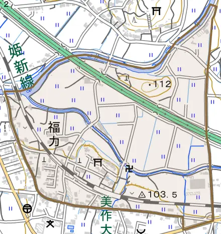 福力とその周辺の地図。町の範囲を重ねている