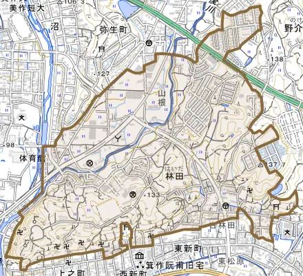 林田とその周辺の地図。町の範囲を重ねている