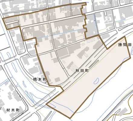 林田町とその周辺の地図。町の範囲を重ねている