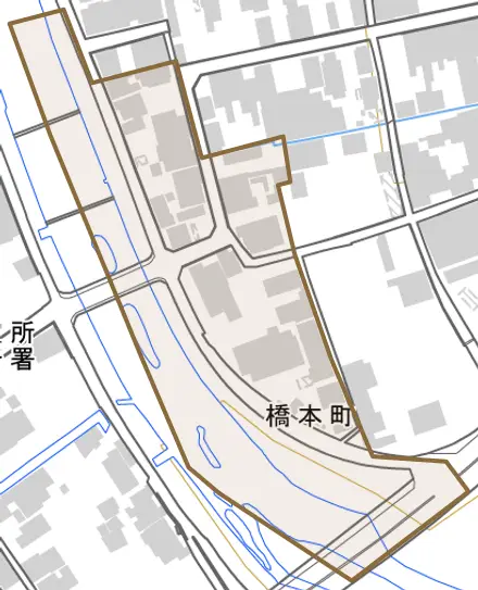 橋本町とその周辺の地図。町の範囲を重ねている
