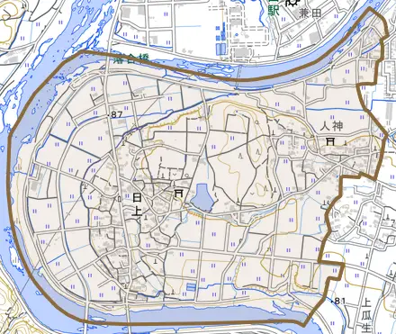 日上とその周辺の地図。町の範囲を重ねている