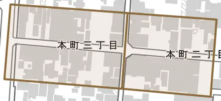 本町とその周辺の地図。町の範囲を重ねている