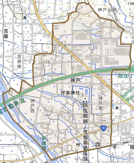 神戸とその周辺の地図。町の範囲を重ねている