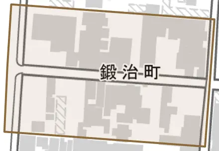 鍛治町とその周辺の地図。町の範囲を重ねている