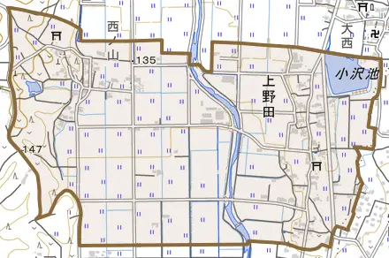 上野田とその周辺の地図。町の範囲を重ねている