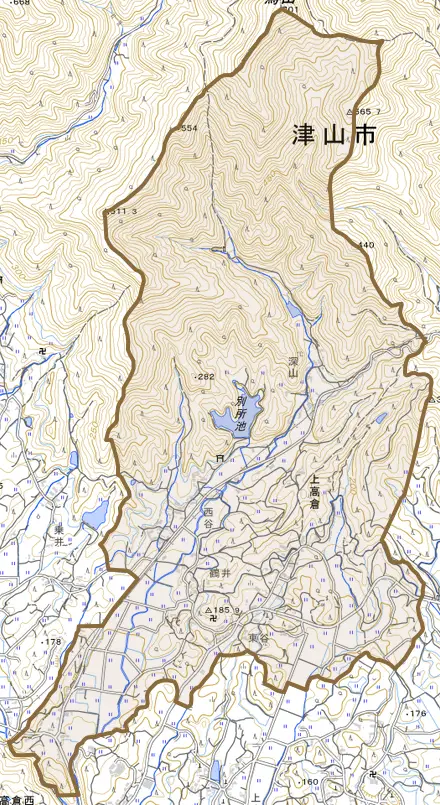 上高倉とその周辺の地図。町の範囲を重ねている