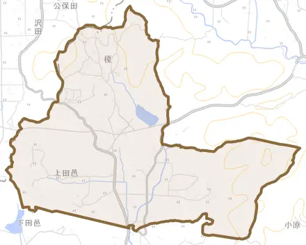 上田邑とその周辺の地図。町の範囲を重ねている