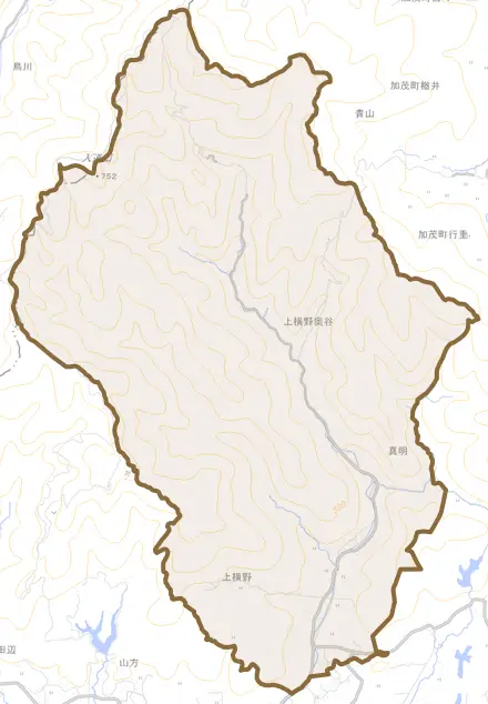 上横野とその周辺の地図。町の範囲を重ねている