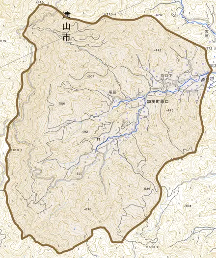 加茂町原口とその周辺の地図。町の範囲を重ねている