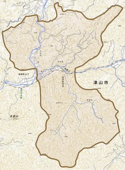 加茂町河井とその周辺の地図。町の範囲を重ねている
