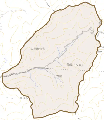 加茂町物見とその周辺の地図。町の範囲を重ねている