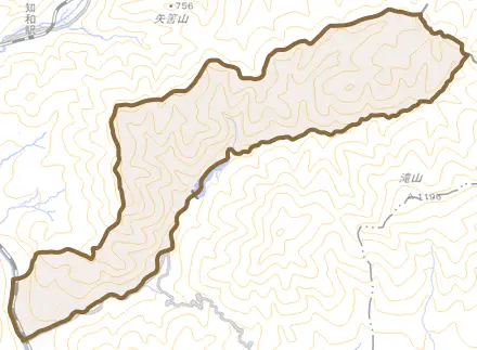 加茂町下津川とその周辺の地図。町の範囲を重ねている