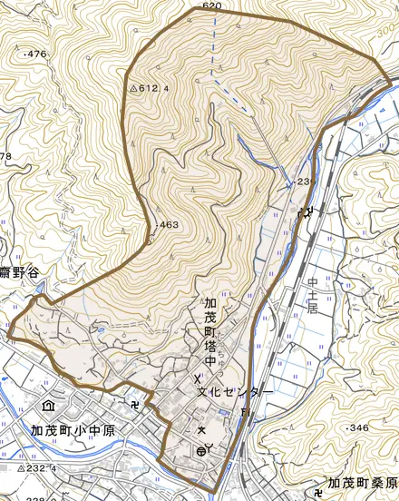 加茂町塔中とその周辺の地図。町の範囲を重ねている