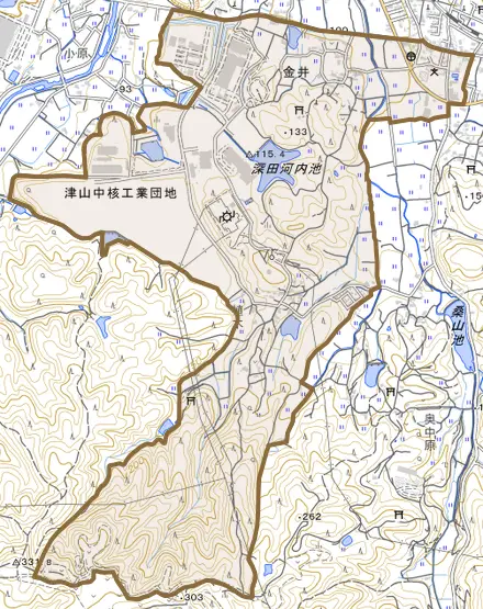 金井とその周辺の地図。町の範囲を重ねている