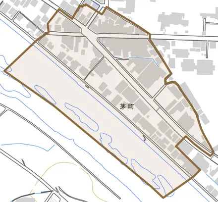 茅町とその周辺の地図。町の範囲を重ねている