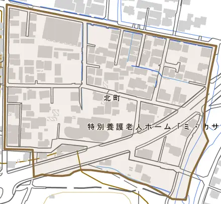 北町とその周辺の地図。町の範囲を重ねている
